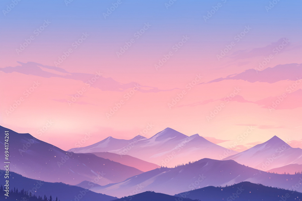 Alpine landscape scene illustration, peaceful mountain peaks wallpaper