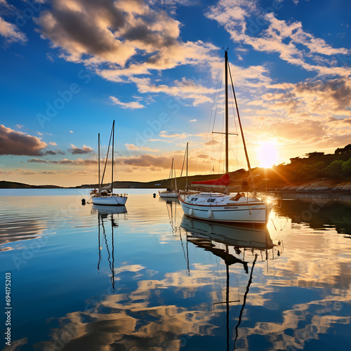 Sailboats anchored in a quiet bay with reflections in the water
