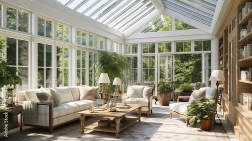 Inviting sunroom with a shed ceiling and large windows, blurring the lines between indoor and outdoor spaces for a seamless connection.