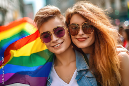 Young lesbian couple celebrates pride day looking at camera with rainbow flag. Concept of homosexuality, gay.