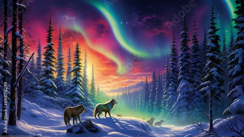 painting of a family of wolves traversing the snowy landscape with aurora dancing across the night sky © fledermausstudio