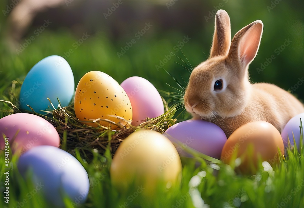 Colorful easter eggs and rabbit stock photoEaster, Egg, Backgrounds, Grass, Egg - Food