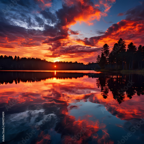 Tranquil lake reflecting the fiery hues of a sunset © Cao