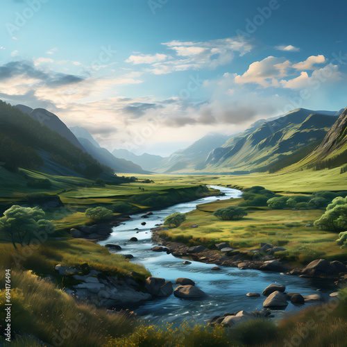 Tranquil river flowing through a valley surrounded by hills.