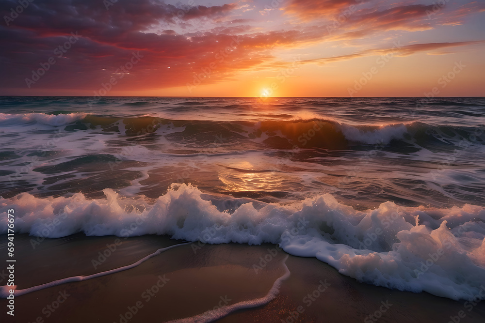 Fototapeta premium Sunset at the Golden Hour with Marvelous Beach Surf
