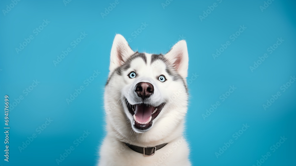 Happy and Excited Husky Dog with Opened Mouth in a Collar on a Light Blue Background. Studio Closeup Photo of a White Siberian Husky Dog with on a Plain Background