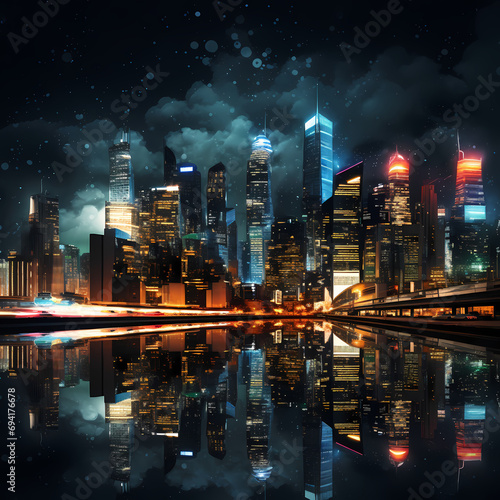 Urban skyscrapers glowing with city lights against a dark sky. © Cao