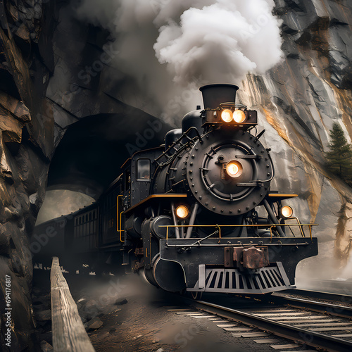 Vintage steam train chugging through a tunnel in the mountains.