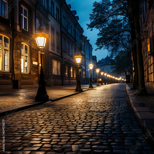 Vintage street lamps lining a cobblestone path in the evening.