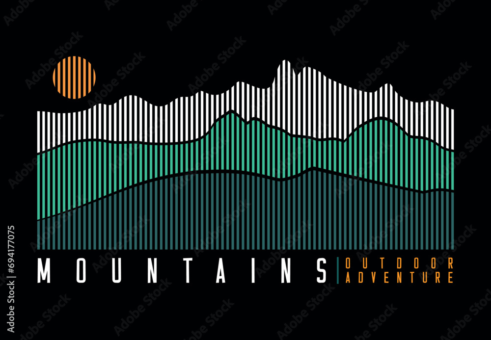 Illustration of mountain range silhouettes in graphic style, consisting of parallel lines. Design for printing on t-shirts, posters and etc... - obrazy, fototapety, plakaty 