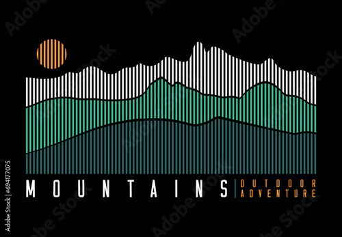 Illustration of mountain range silhouettes in graphic style, consisting of parallel lines. Design for printing on t-shirts, posters and etc...