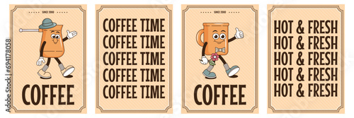 Funky groovy cartoon character Coffee poster set. Vintage funny mascot patch fast psychedelic smile and emotion. Design art for cafe, bar, restaurant. Comic trendy vector illustration 90s style