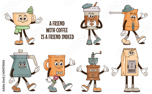 Funky groovy cartoon character set Coffee sticker. Vintage funny mascot patch fast psychedelic smile and emotion. Design art for cafe, bar, restaurant. Comic trendy vector illustration 90s style