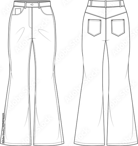 Jeans flared jeans technical fashion illustration, full length, 5 pockets.