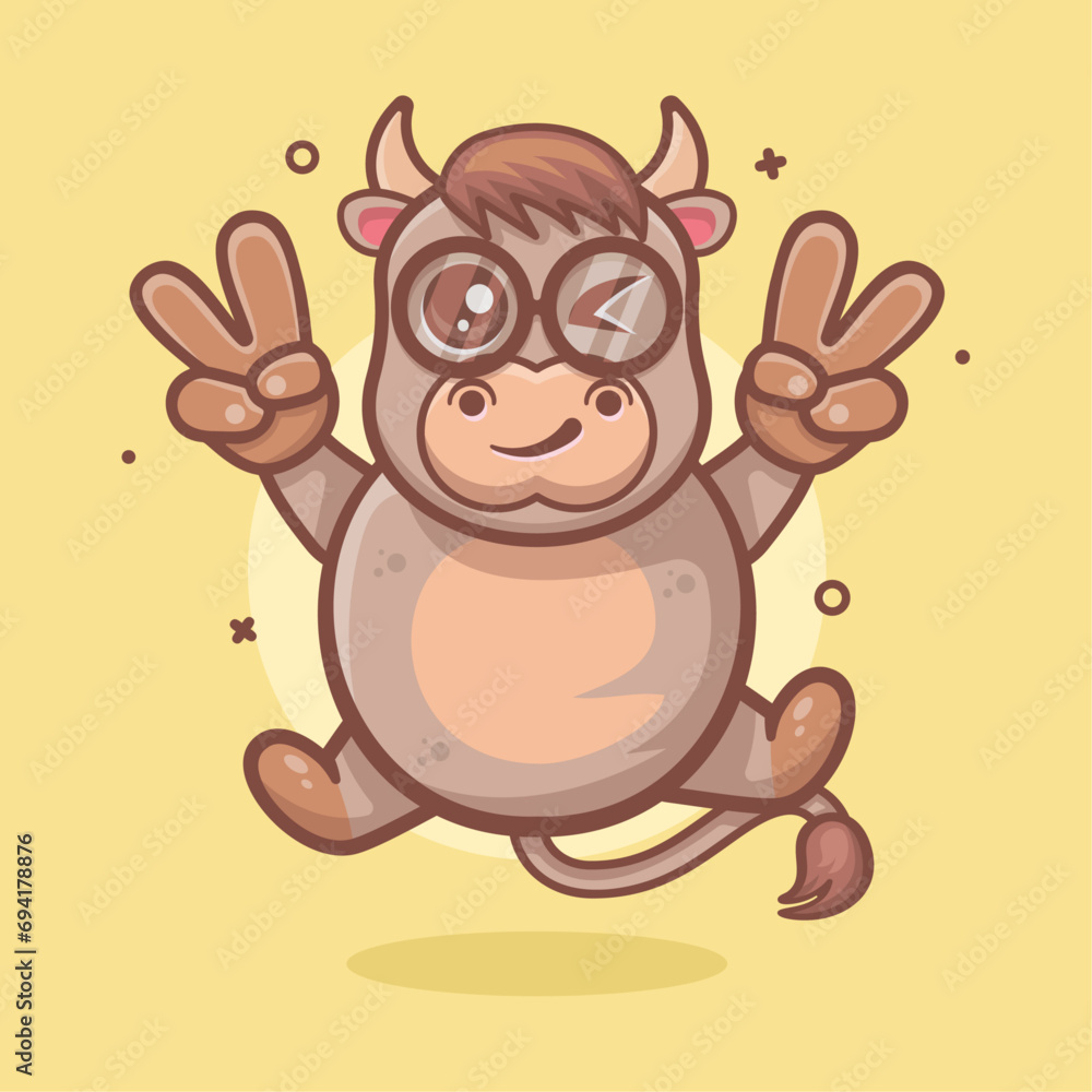 Fototapeta premium cute bull character mascot with peace sign hand gesture isolated cartoon 