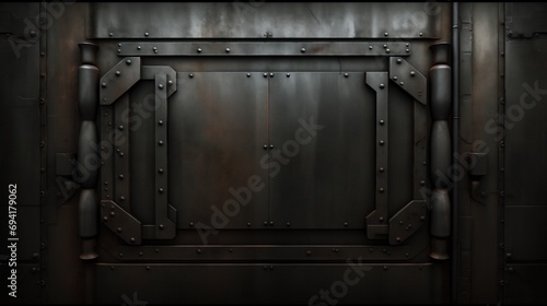 A fortified metal door with industrial reinforcements, riveted joints, and a bolted frame, projecting security and strength.