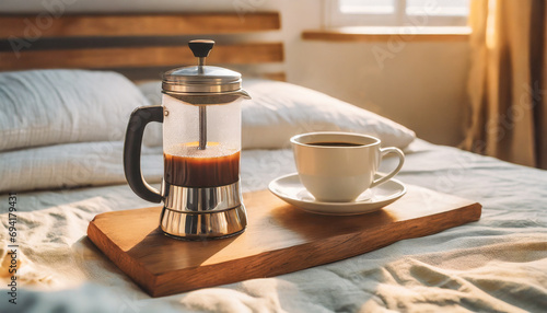 a relaxing sunday coffee break bed sheets breakfast domestic casual relaxation relax happiness flavorful caffeine beverage french drink french press blanket pillow comfy morning bedroom comfortable photo