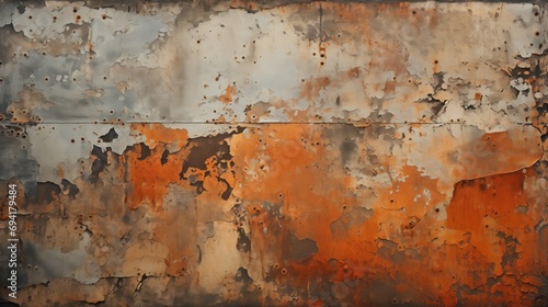 A distressed metal surface with rich abstract orange hues and textures, perfect for an atmospheric wall art piece or a bold design element in contemporary decor.
