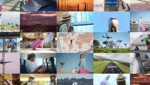 Zoom out collage of global travel background. Happy people traveling by airplanes. International tourism concept. Tourist with luggage in airport. Man passenger in aircraft. Woman check in flight 4K