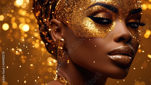 Elegant woman with golden makeup in sparkling environment. Luxury beauty and fashion.
