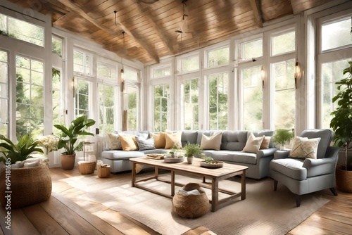 A cozy sunroom with a comfortable couch and lots of natural light.