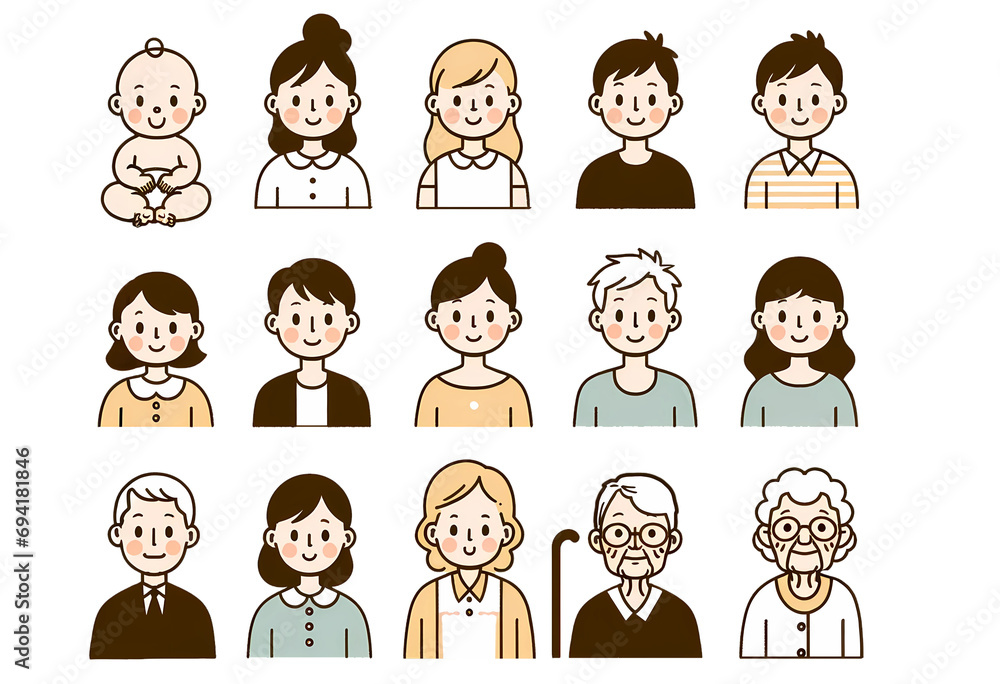 set of simple, two-color illustrations of people at different ages, both male and female set of simple, two-color illustrations of people at different ages, both male and female