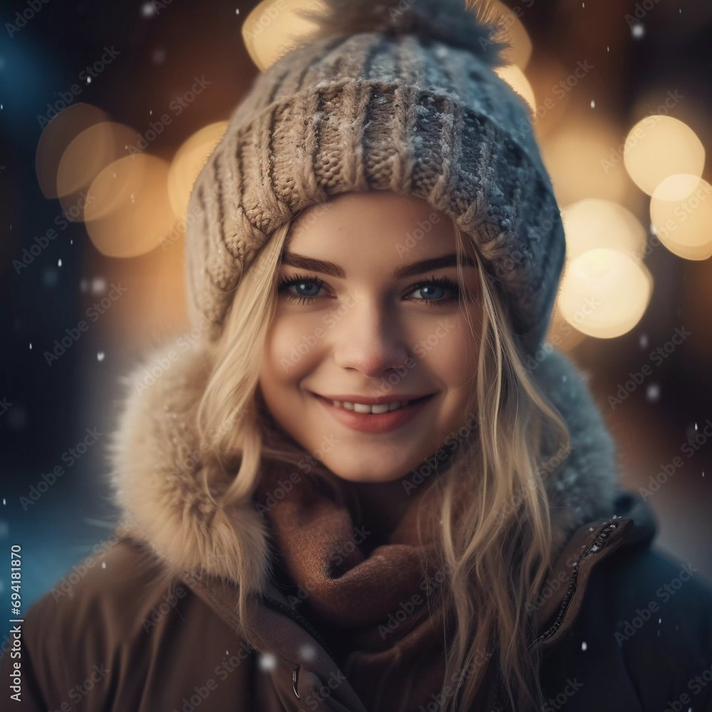 Portrait of Beautiful smiling blonde women model in warm winter clothes with shine light on her face.snowy and blurred bokeh background. Portrait of Beautiful smiling blonde women model in warm winter clothes with shine light on her face.snowy and blurred bokeh background.