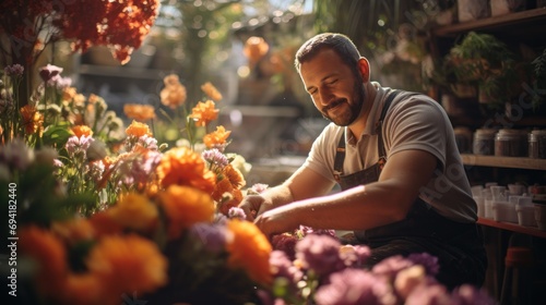 A Male Middle Eastern Florist Working At A Garden