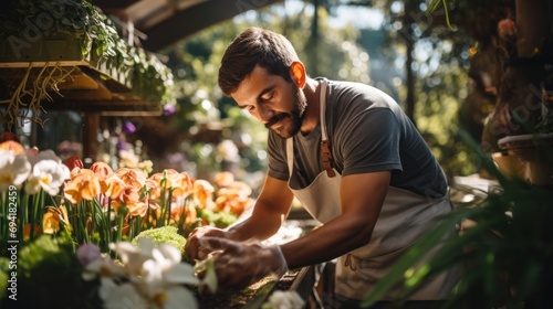 A Male Middle Eastern Florist Working At A Garden