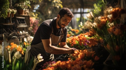 A Male Middle Eastern Florist Working At A Garden © sirisakboakaew