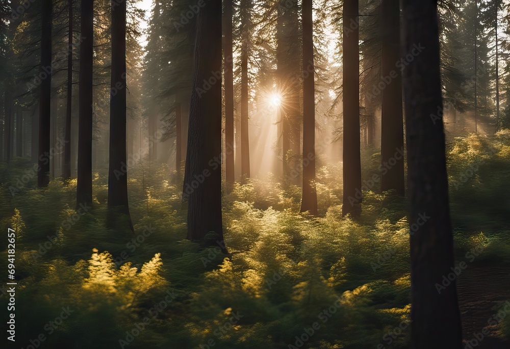 Fototapeta premium Magic Forest stock photoForest, Backgrounds, Woodland, Pine Tree, Sunlight