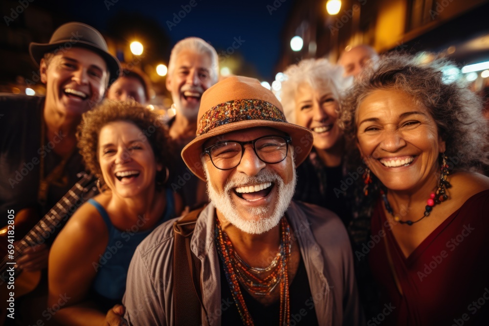 Cheerful senior friends enjoying outdoor night concert in city