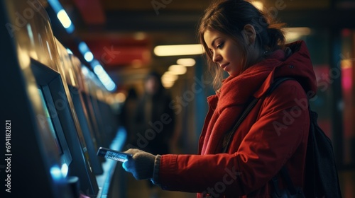 Close-up shot of female hand paying for subway ticket at ticket gate, making a quick