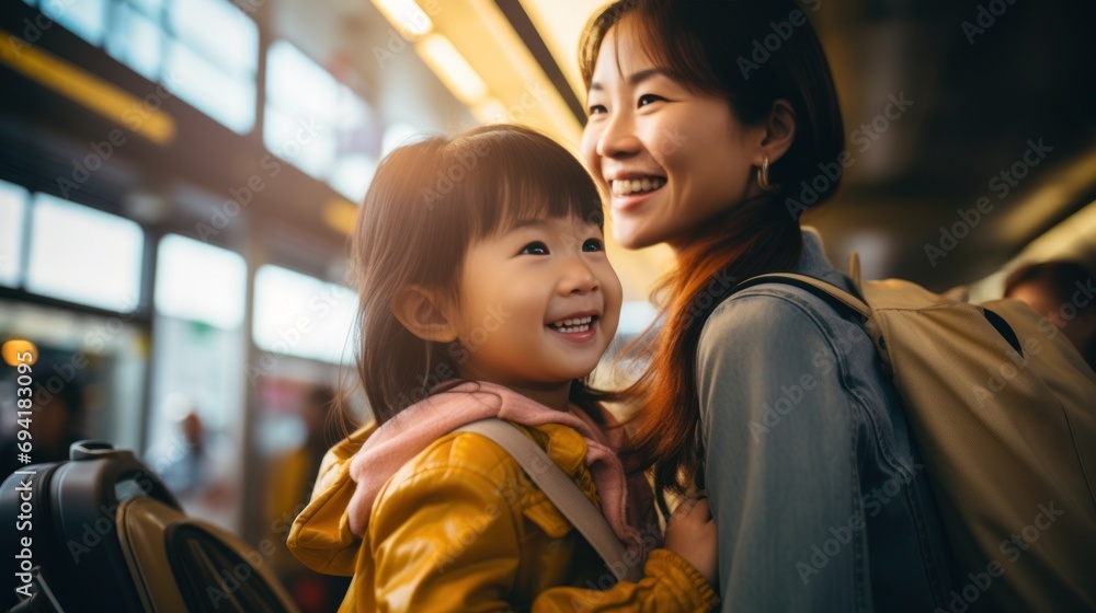 Asian mother and cute little daughter traveling by plane