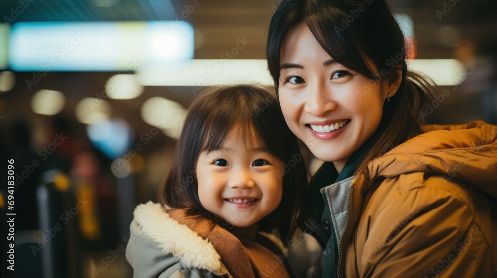 Asian mother and cute little daughter traveling by plane Asian mother and cute little daughter traveling by plane