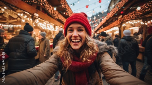 Happy smiling woman having fun at the Christmas market