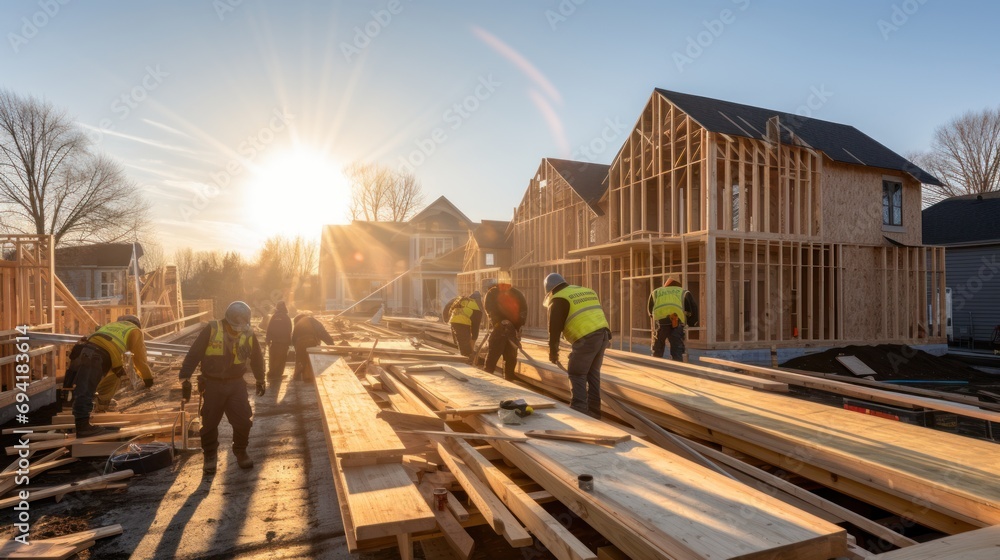 Fototapeta premium Team of construction workers installing panels while building a manufactured house - construction industry