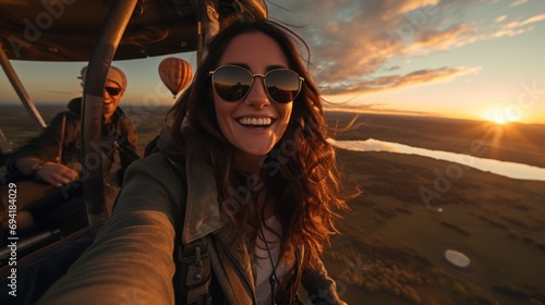 taking selfie during sunrise hot air balloon photo