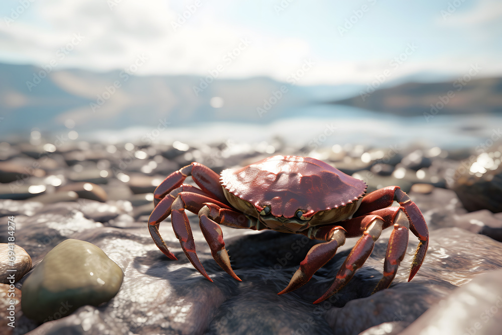 close-up of a crab without claw on the seashore in the morning. Neural network AI generated art close-up of a crab without claw on the seashore in the morning. Neural network AI generated art