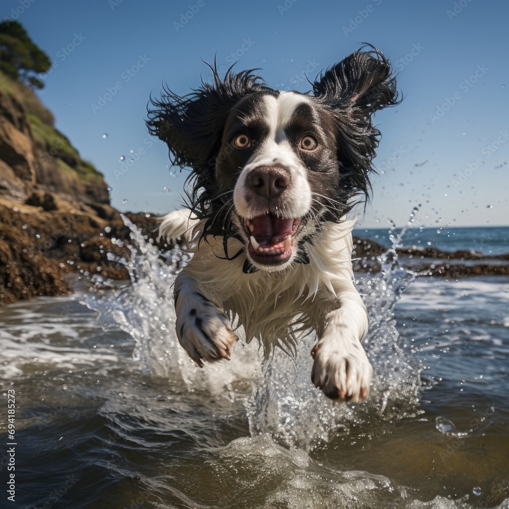 A dog running through the water at the beach. Generative AI. A dog running through the water at the beach. Generative AI.