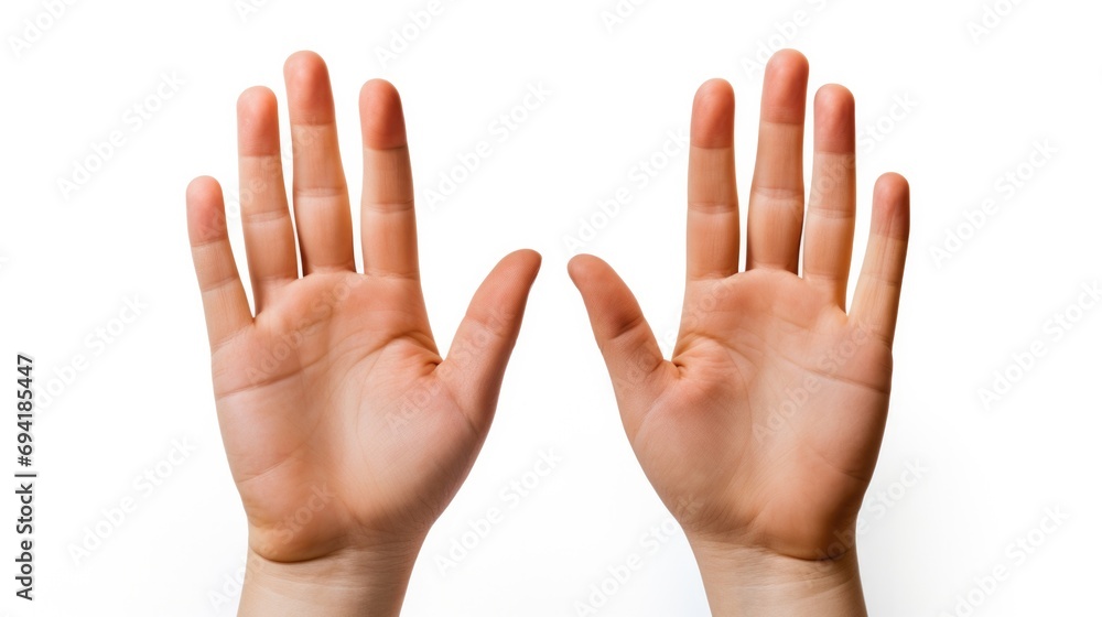 Two hands with fingers up on a white background. Generative AI. Two hands with fingers up on a white background. Generative AI.