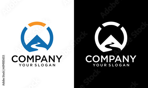 Creative circle Mountain landscape with river creek logo vector template. Logos of rivers, creeks, riverbanks and streams. River logo with combination of mountains and farmland with vector concept