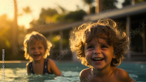 Two children in a swimming pool at sunset. Generative AI.