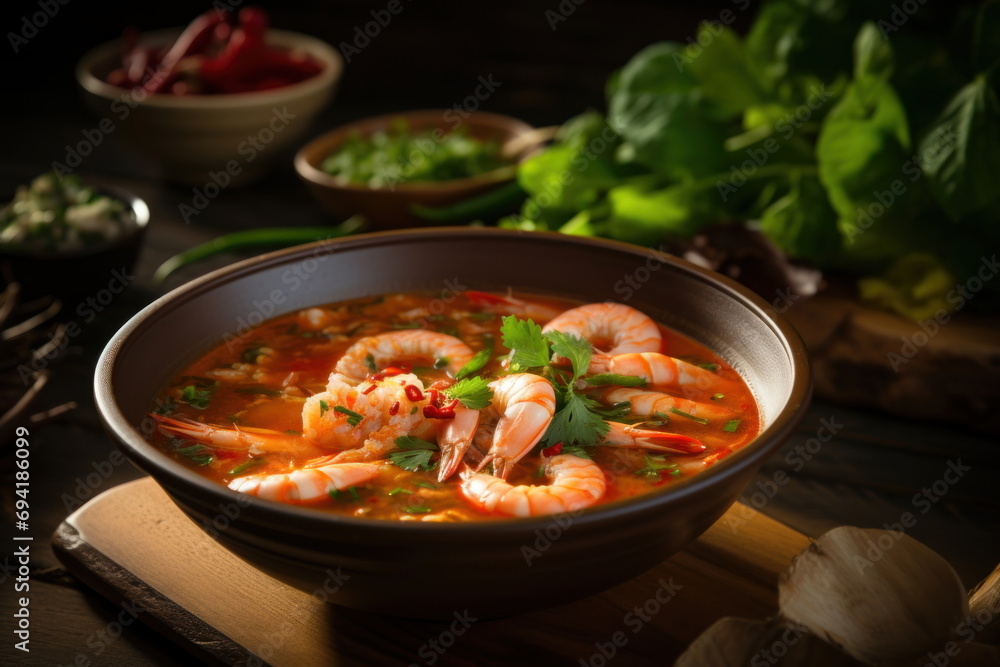 spicy prawn soup placed on a wooden table, Tom Yum Goong spicy prawn soup placed on a wooden table, Tom Yum Goong