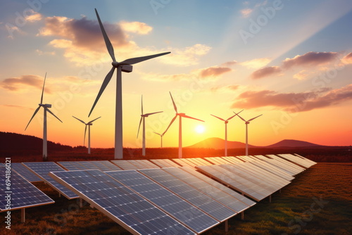 solar panels with wind power turbines in a sunset background