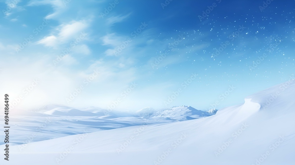 Winter background with snowflakes, snowy ground, blue sky