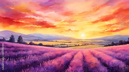 landscape of lavender fields at sunset watercolor painting