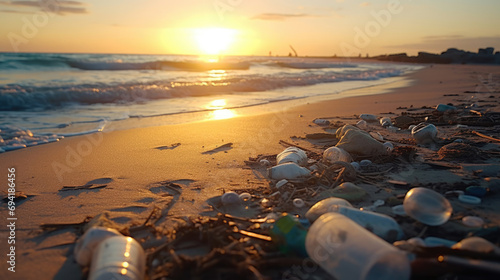 Plastic bottles and waste washed up on the beach