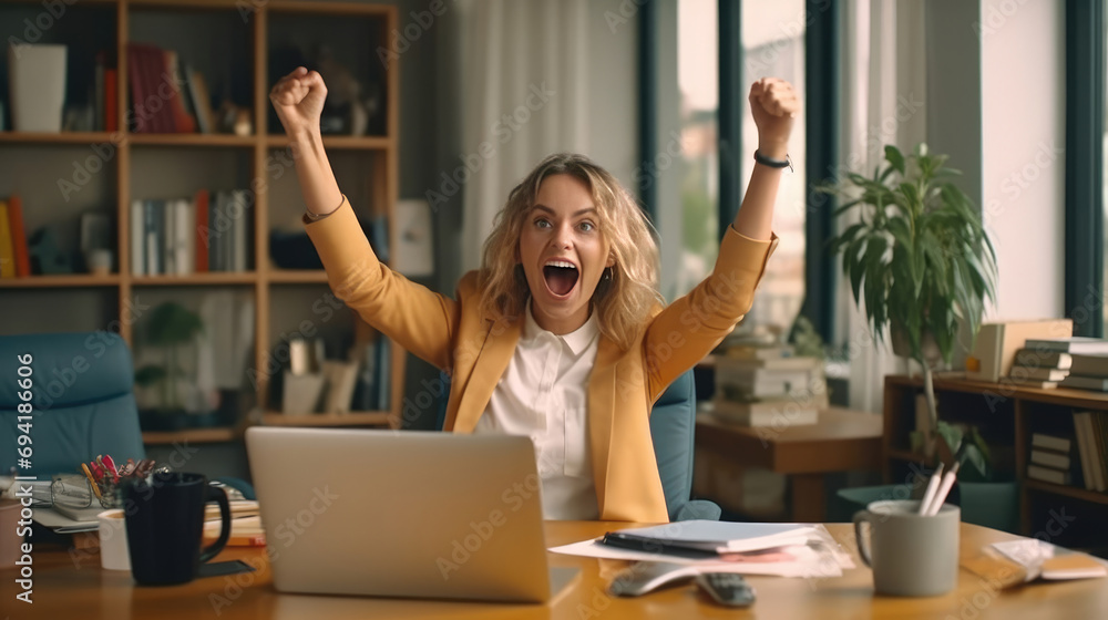 A young businesswoman in front of a laptop cheerfully celebrates success