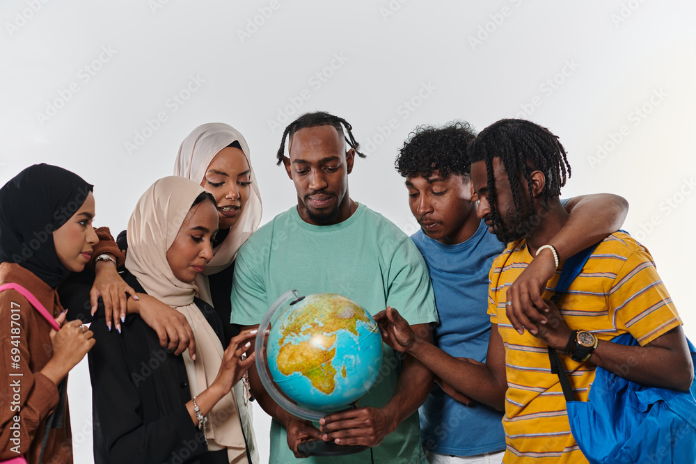 A diverse group of students is gathered around a globe, engrossed in exploration and study, their vibrant energy captured against a pristine white background, symbolizing unity and curiosity in their A diverse group of students is gathered around a globe, engrossed in exploration and study, their vibrant energy captured against a pristine white background, symbolizing unity and curiosity in their
